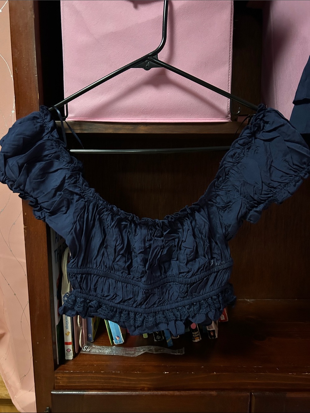 Navy Off-Shoulder Smocked Crop Top and Shorts Set